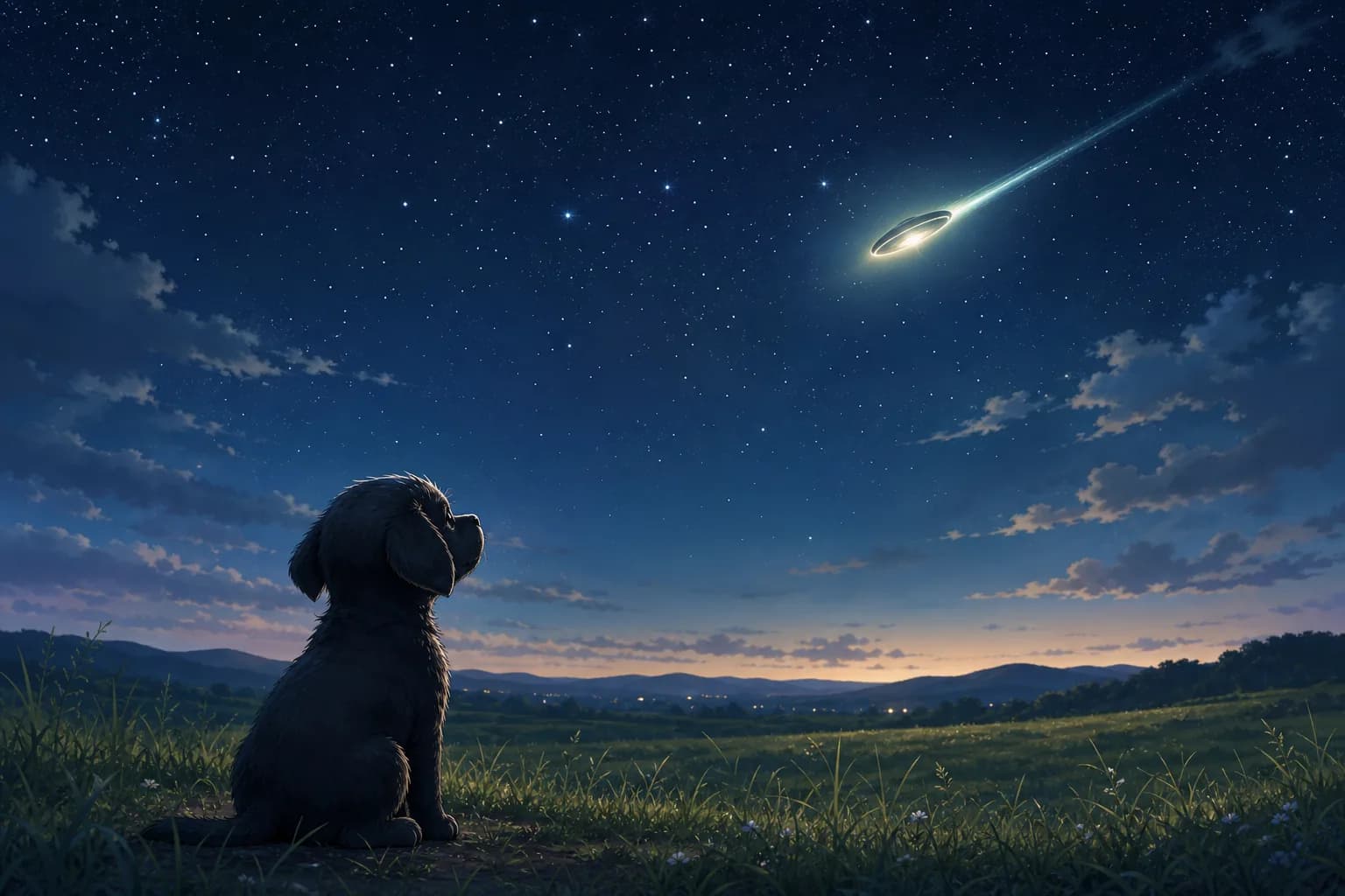 丘の上でタールが夜空の不思議な光を見上げているイラスト